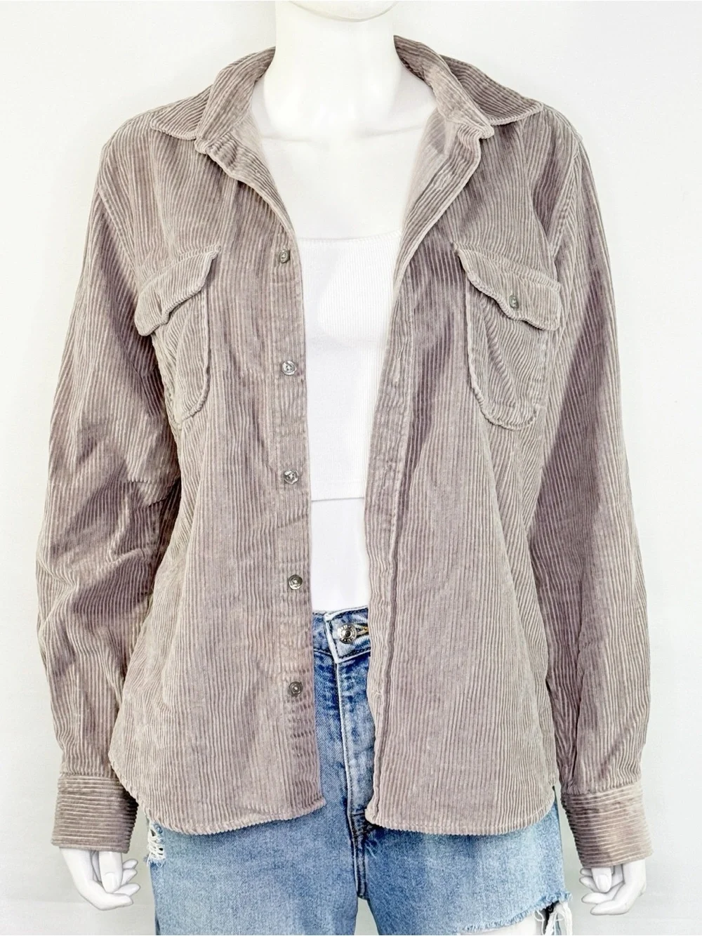 Reiss Gray Corduroy Button Down Shirt Size L Casual Summer Collared Long Sleeve